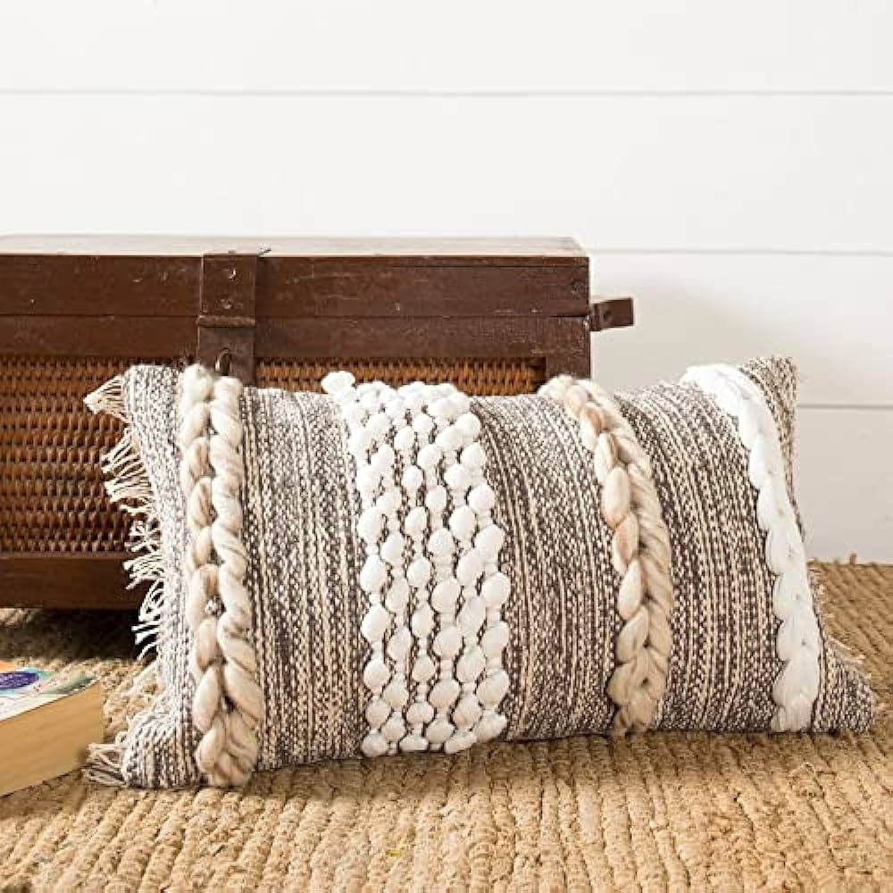 Extra Long Lumbar Pillow Cover (12 X 20 inches) | Hand-Woven Cotton, Grey-White Pillow Linen Cove... | Amazon (US)