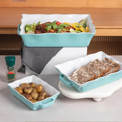 Casserole Dishes For Oven, Ceramic Bakewar, Rectangular Baking Dish With Handles, Wave Edge,Set Of 3 (White) | Wayfair North America