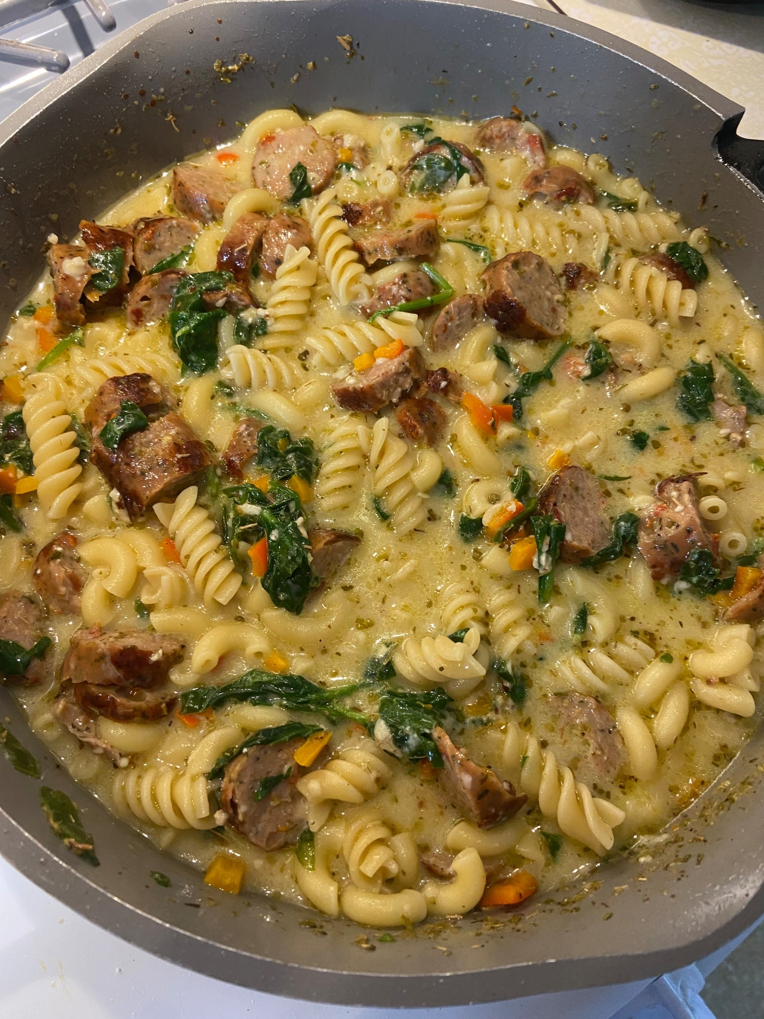 Kind of threw some things together for this dinner, but what was the best part was making this with my daughter; she’s becoming quite the chef lately.  

Ingredients: Spinach, bell peppers, Italian chicken sausage, pasta water, chicken broth, minced garlic, olive oil 

#recipes #dinnerrecipe #dinneridea 

#LTKfoodie