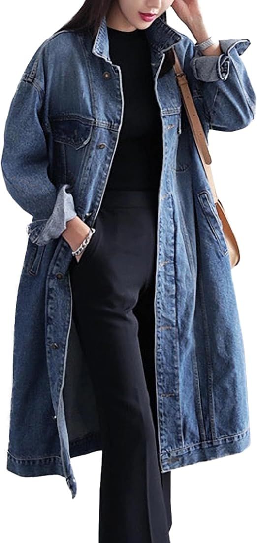 Jofemuho Womens Classic Long Jean Jacket Plus Size Loose Long Sleeve Button Down Denim Jacket Tre... | Amazon (US)