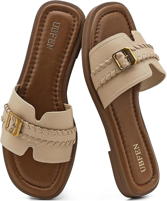 UBFEN Womens Slip On Flat Sandals Comfortable Single Strap Slides Dressy Open Toe Summer Shoes | Amazon (US)