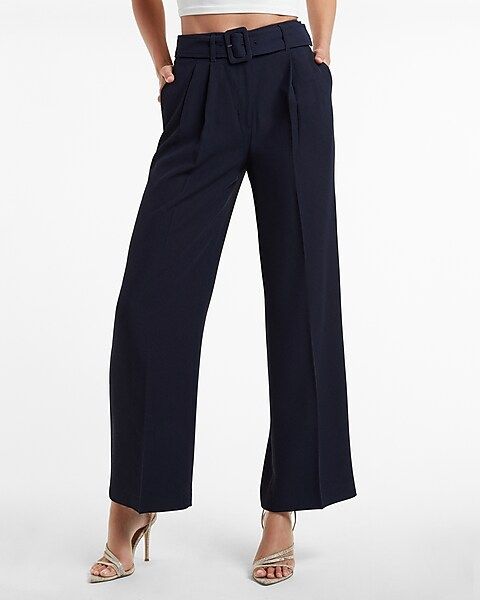 High Waisted Twill Belted Straight Ankle Pants | Express