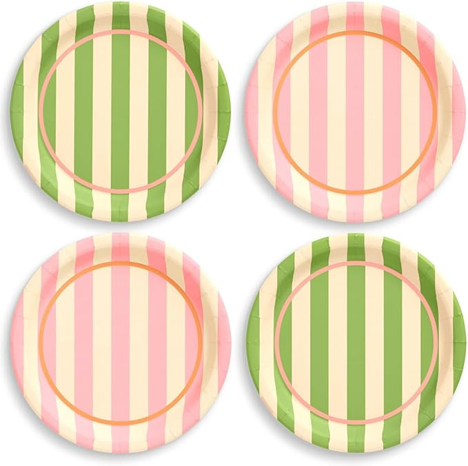 xo, Fetti Pink and Green Striped Cabana Plates - 24 Paper Plates, 9" | Birthday, Retro Theme, Pre... | Amazon (US)
