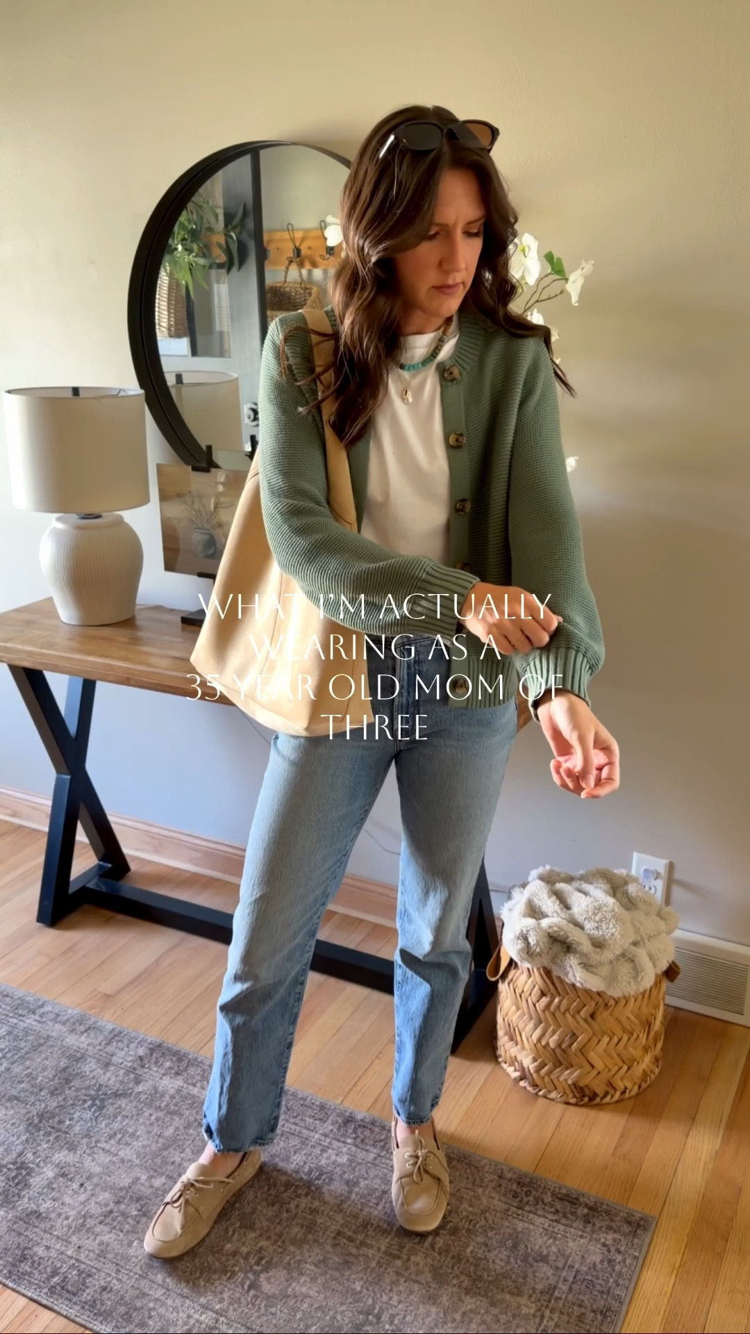 Casual spring style 

Cardigan - medium 
Tee - small
Jeans - size 26 regular 