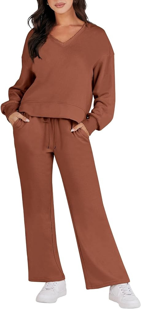 Caracilia Women's Two Piece Outfits Matching Sets Long Sleeve Pullover Tops and Wide Leg Pants Tr... | Amazon (US)
