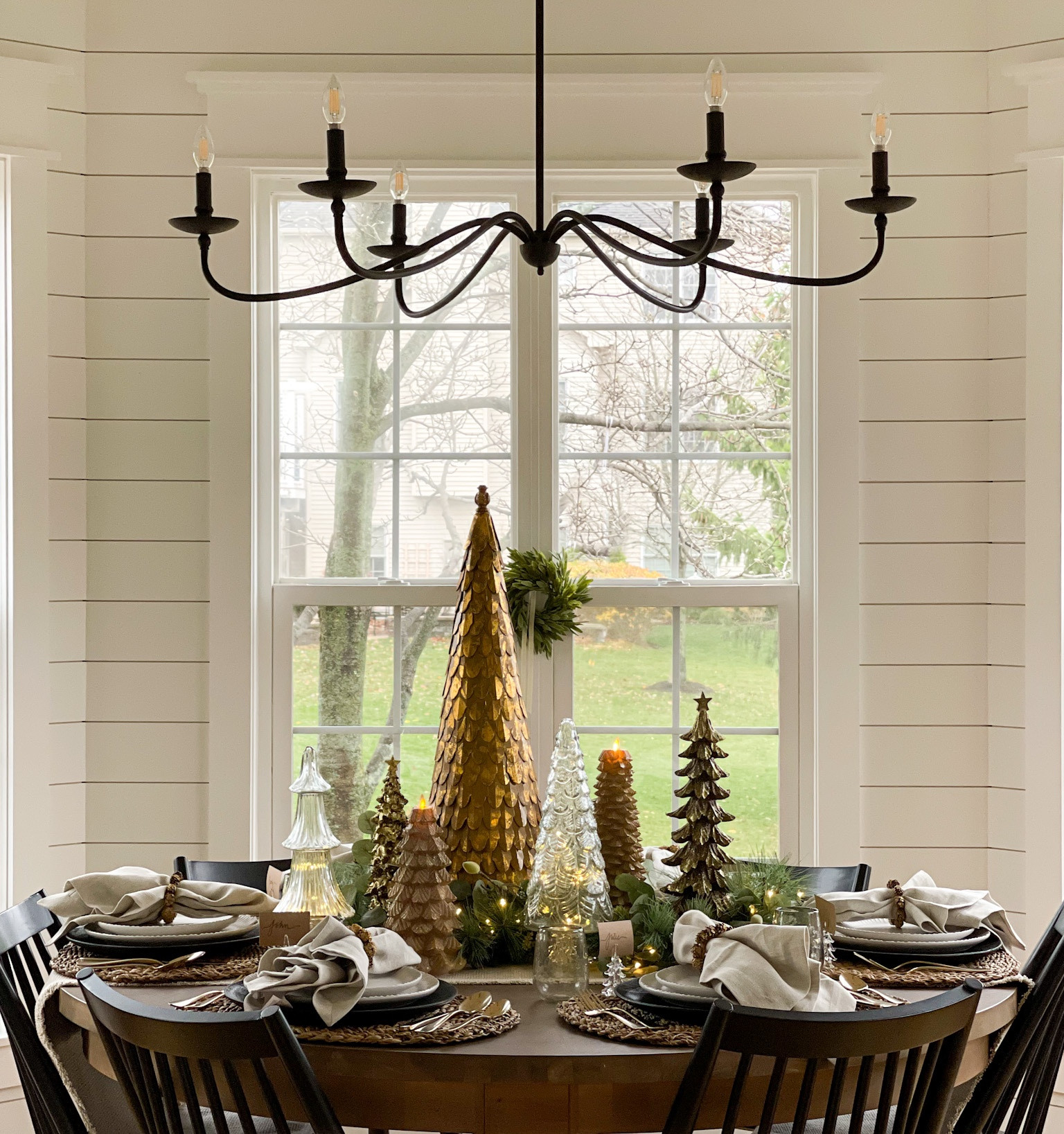 Dining room, kitchen, nook, tablescape, dinnerware, gold, neutral, home decor, home design, modern farmhouse, Pottery Barn, Restoration Hardware, round table, Christmas trees, decor, shiplap, black chandelier, holiday dining 

#LTKHoliday #LTKhome #LTKSeasonal