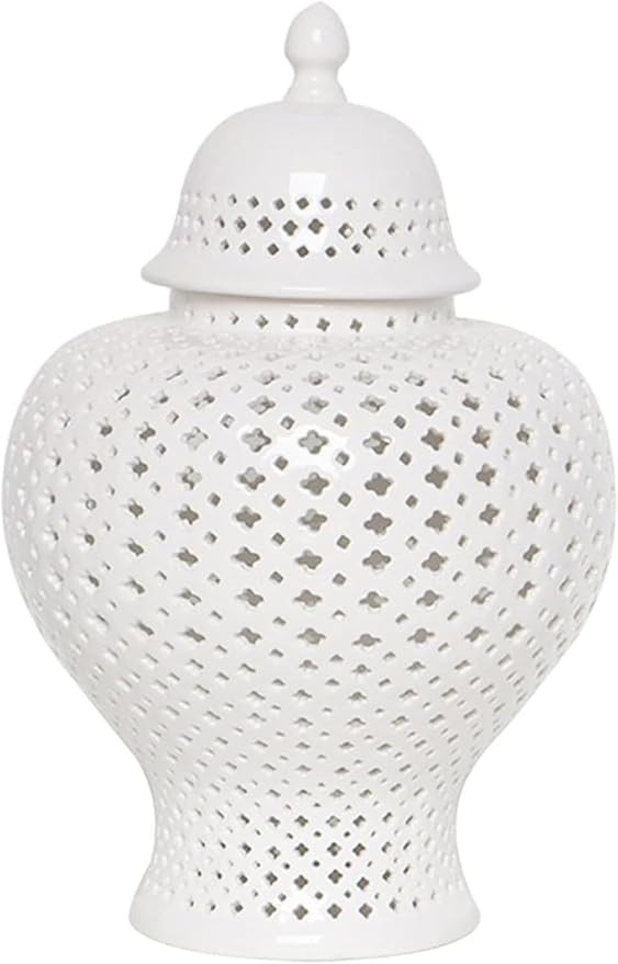 ELEFOCUS Hollow Out Ceramic Temple Jar with Lid, Silver Carved Lattice Ginger Jar Vase for Home D... | Amazon (US)