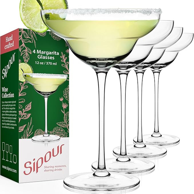 Margarita Glasses Set of 4 (12 oz) – Hand-Blown Cocktail Glass Set – Crystal Lead-Free Glassw... | Amazon (US)