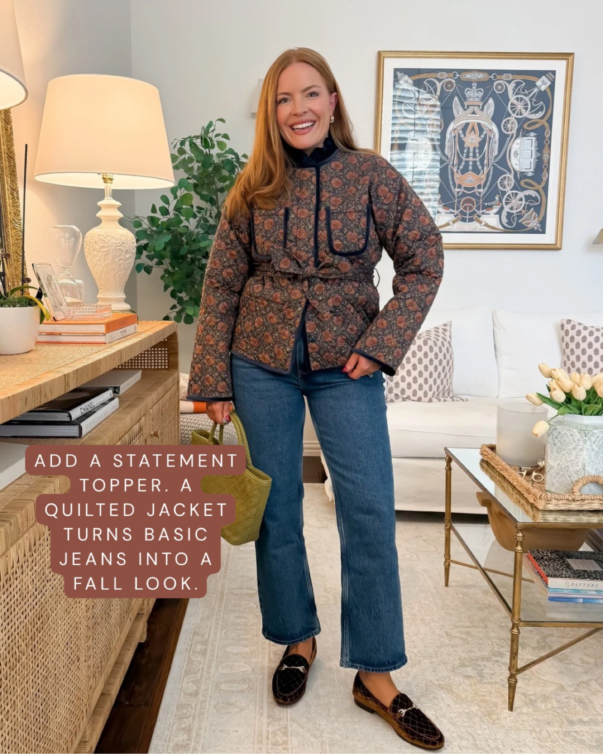 Wearing 28 short in jeans and small in the jacket — both true to size.
The easiest way to elevate basic medium wash jeans this fall? Add a statement quilted jacket. The floral print and tie waist do all the styling work — your jeans just come along for the ride. An easy elevated casual look for school drop-off, errands, and weekend plans.
#falldenimoutfits #quiltedjacket #momjeansoutfit #falloutfits #elevatedcasual