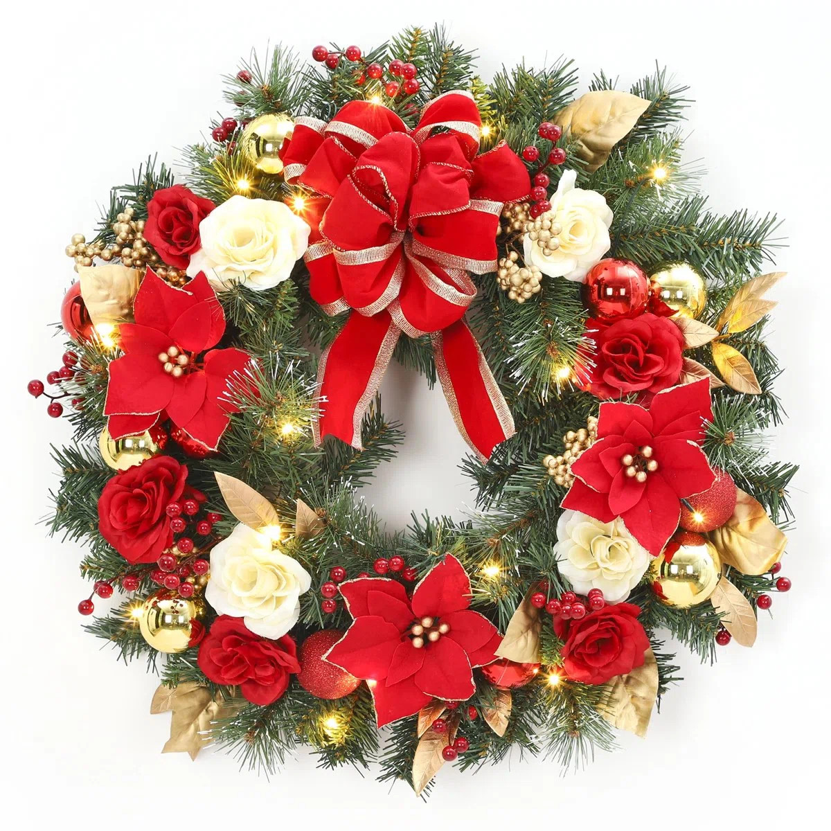 Ophelia & Co. 24" Pre-Lit Christmas Wreath for Front Door, Large Artificial Wreath, Battery Opera... | Wayfair North America