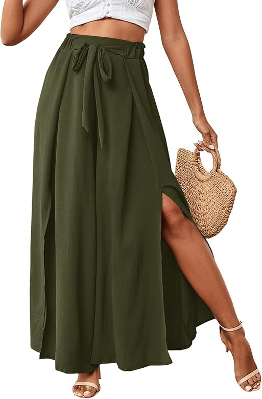 LYANER Women's Tie Front High Waist Side Split Slit Flowy Wide Leg Pleated Pant with Belt | Amazon (US)