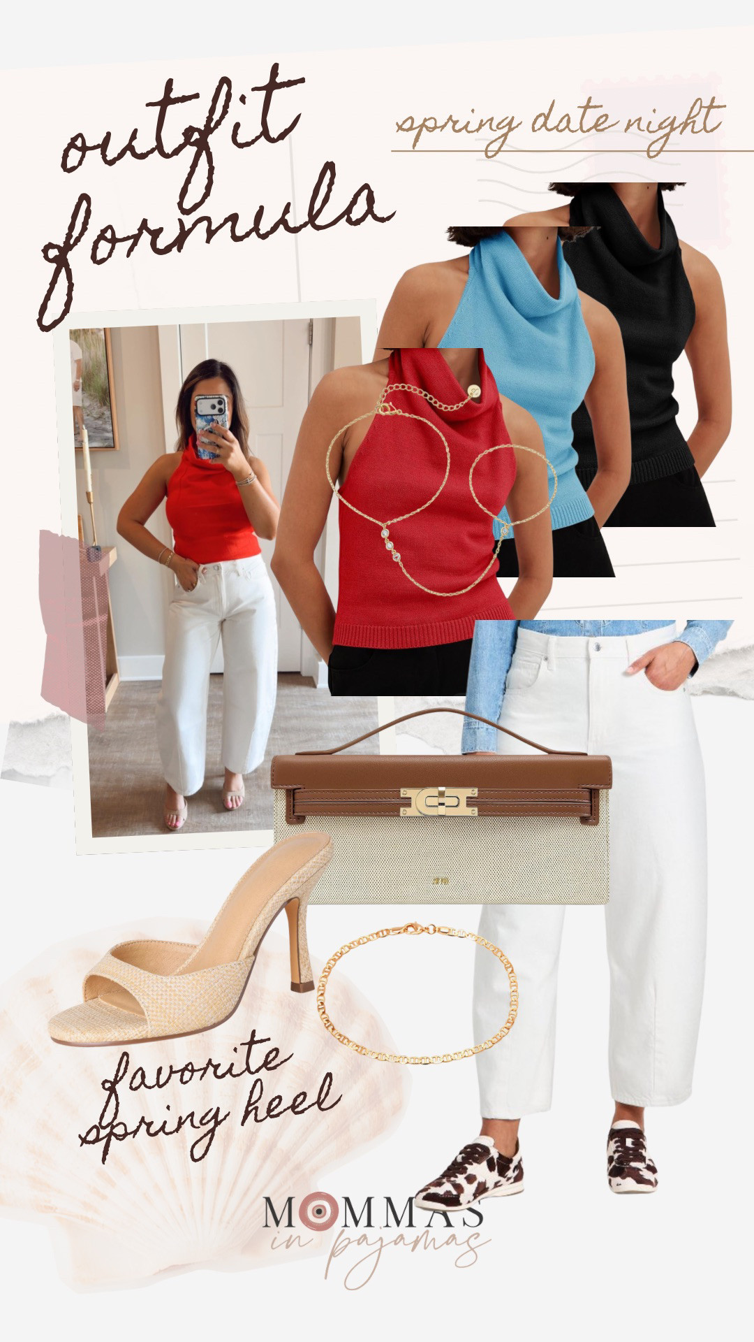 I am so excited for warm weather date nights and this red Amazon top is stunning for the occasion. This would be also be such a cute outfit for Memorial Day! The chokehold these Target white barrel leg jeans have me in is unreal, they are not see through, short girl friendly and so flattering. 
Neutral spring purse, raffia sandals, hand chain