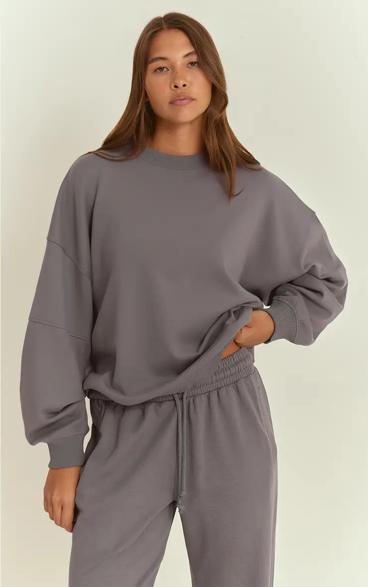 Charcoal Grey Interlock Crew Neck Sweatshirt | PrettyLittleThing US