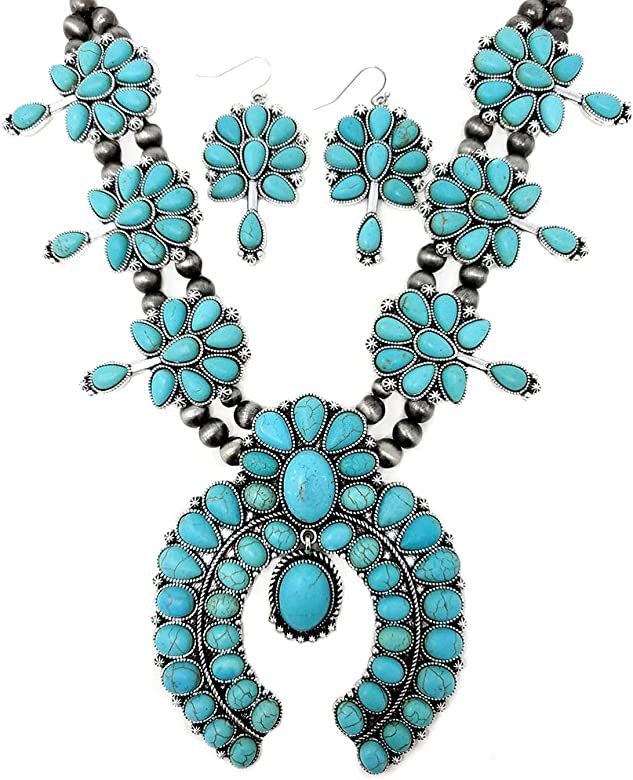 Emulily Chunky Western Squash Blossom Statement Necklace and Earrings Set Navajo Pearl | Amazon (US)