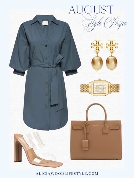 August style inspo

Blue 3/4 sleeve belted button down mini dress
Nude transparent heel sandals 
Tory Burch gold drop earrings 
Gold Michele Deco Madison Mid Diamond Dial Bracelet Watch
Brown Tan YSL Saint Laurent Sac De Jour Baby Leather Top-Handle Bag 

#LTKFind #LTKSeasonal #LTKitbag