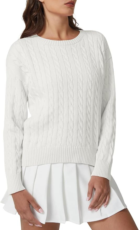 QINSEN Cable Knit Sweater for Women Long Sleeve 90s Vintage Ribbed Pullover Crewneck Sweater Tops | Amazon (US)