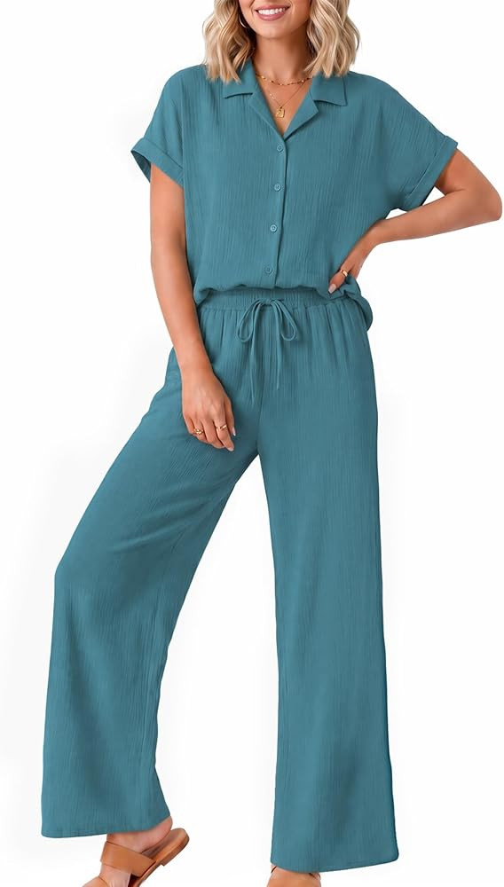 Casly Lamiit Two Piece Sets for Women Summer Beach Vacation Outfits Button Down Shirts Wide Leg P... | Amazon (US)