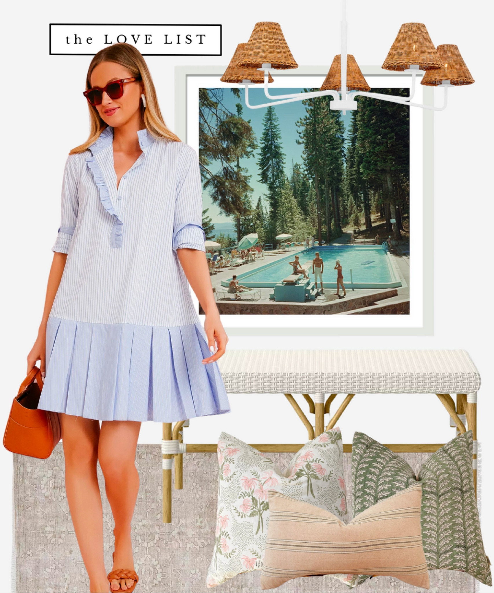 Summer home decor, poolside inspired// striped shirt dress, pinstripe dress, Slim Aaron’s photo, raffia chandelier, rattan bench, neutral rug, Etsy throw pillows 

#LTKSeasonal #LTKstyletip #LTKhome