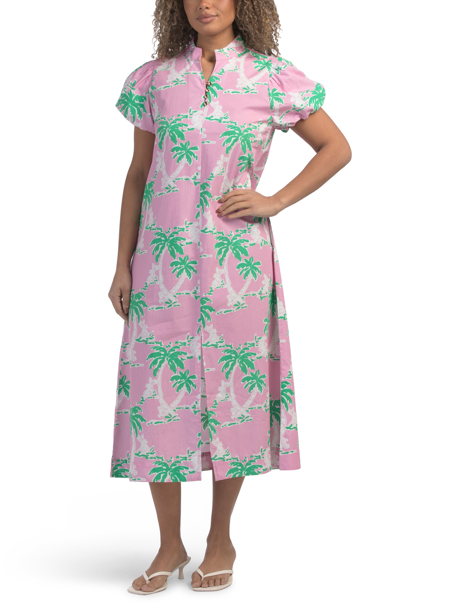 Puff Sleeve Palm Floral Print Midi Dress | TJ Maxx