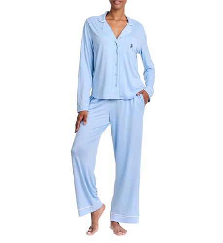 U.S. Polo Assn. Womens Lightweight Pajama Sets - Long Sleeve Button Up Shirt and Pajama Pants Sleepwear Lounge Sets Bridesmaid Pajamas (Clear Sky, 3X) | Amazon (US)