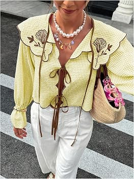 WDIRARA Women's Gingham Plaid Embroidery Blouse Tie Front Doll Collar Long Flounce Sleeve Tops | Amazon (US)