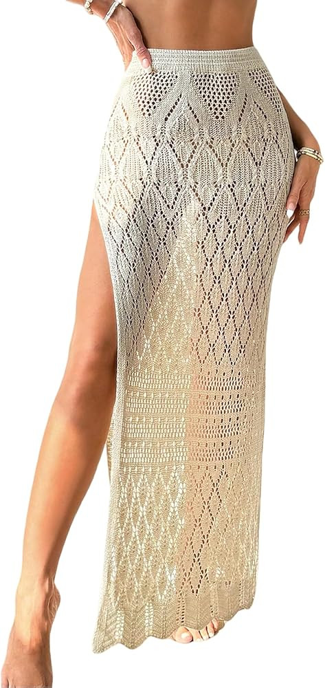 Women's Crochet Swimsuit Cover Up High Slit Boho Sheer Maxi Long Beach Wrap Skirt Cover Up | Amazon (US)
