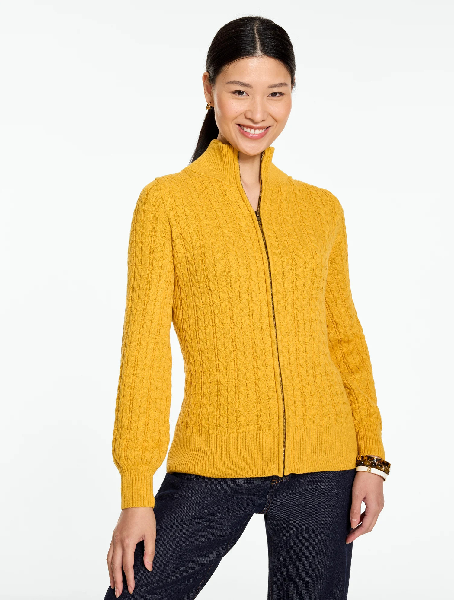 Petite - Cable Knit Full-Zip Cardigan Sweater - Ivory - 2XS Talbots | Talbots