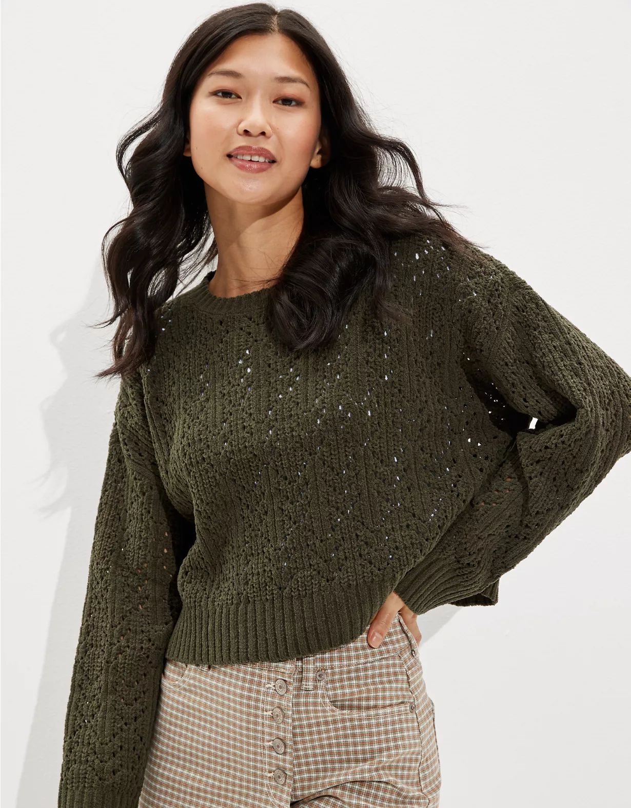 AE Cropped Pointelle Crew Neck Sweater | American Eagle Outfitters (US & CA)