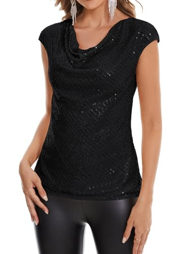 Black Glitter Tops for Women Cap Sleeve Cowl Neck Sparkly Sequin Tops Party Shirts Evening Cocktail Blouse Black L | Amazon (US)
