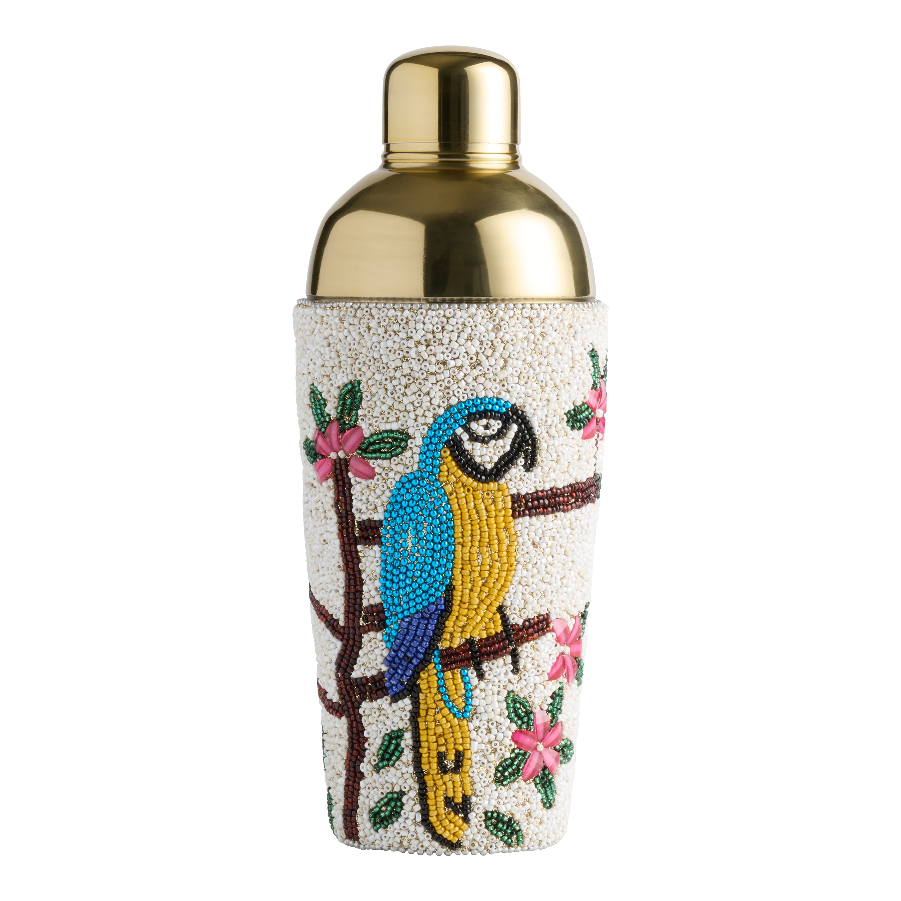 Gold Stainless Steel Tropical Bird Beaded Cocktail Shaker | World Market