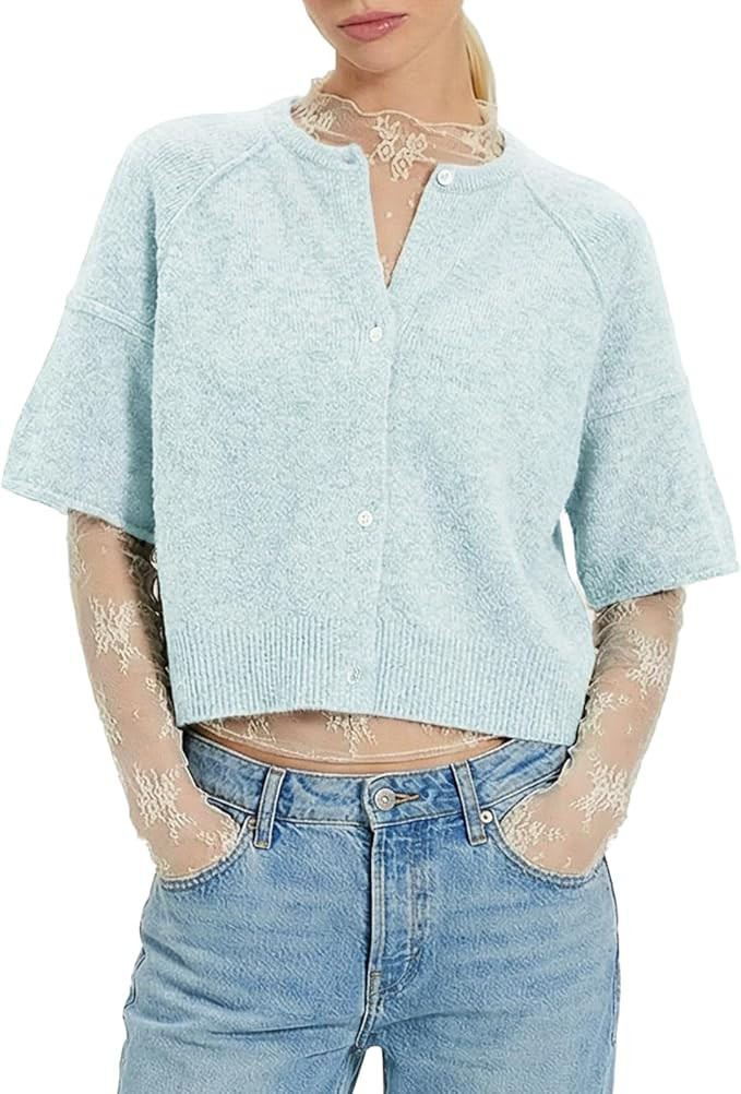 Gnveub Women's Casual Short Sleeve Sweaters Crewneck Button Down Cardigan Sweater | Amazon (US)