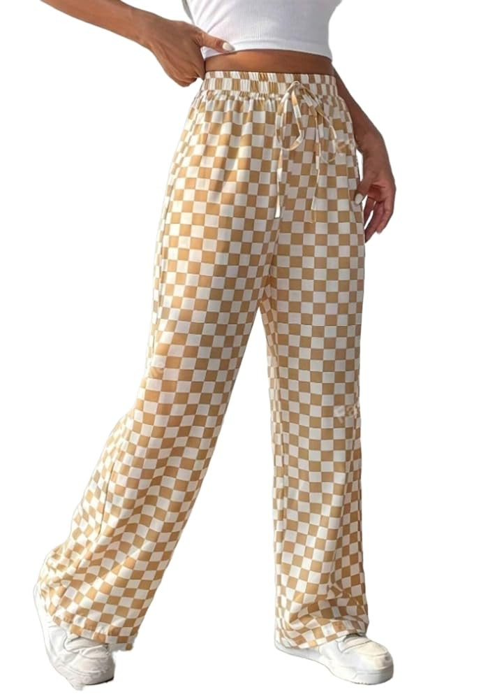 Women's Casual Checkered Pants Drawstring Elastic Waist Comfy Loose Straight Wide Leg Plaid Pants... | Amazon (US)