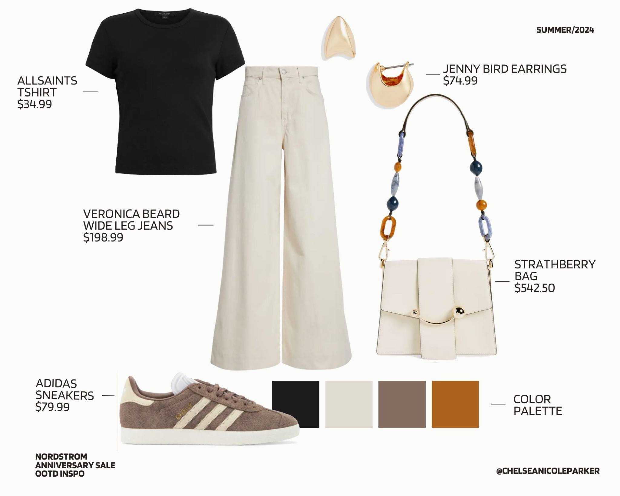 Allsaints Black Short Sleeve Tshirt + Veronica Beard White Wide Leg Jeans + Jenny Bird Gold Hoops Earrings + Strathberry White Multicolor Bead Handbag Shoulder Bag + Adidas Gazelle Taupe Sneakers - Nordstrom Anniversary Sale / Business Casual / Chic Style / Casual Dress To Impress / OOTD Inspo

#LTKFindsUnder100 #LTKSaleAlert #LTKxNSale