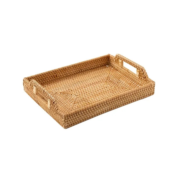 Rattan Woven Home Kitchen Serving Tray Fruit Basket Storage Platter With Handles - Walmart.com | Walmart (US)