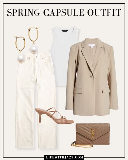 Neutral dressy spring outfit 🤍 

White cream jeans / relaxed / wide leg / white tank top/ beige blazer / nude heels / Ysl purse / pearl drop earrings / dinner / fancy 

#LTKstyletip #LTKSeasonal