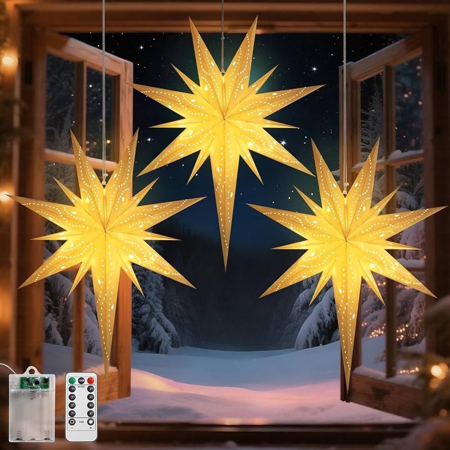 Lewondr Christmas Paper Star Lantern 3 Pack, Hanging Polar Star Lights with Remote Control, LED P... | Amazon (CA)