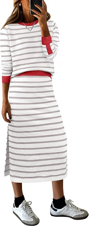 ANRABESS Women 2 Piece Striped Sweater Skirt Set | Amazon (US)