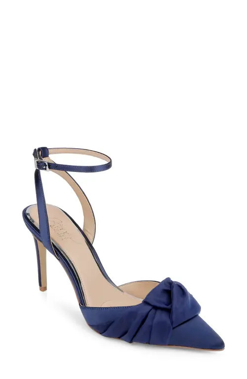 Jewel Badgley Mischka Federica Ankle Strap Pointed Toe Pump in Navy Satin at Nordstrom, Size 6.5 | Nordstrom