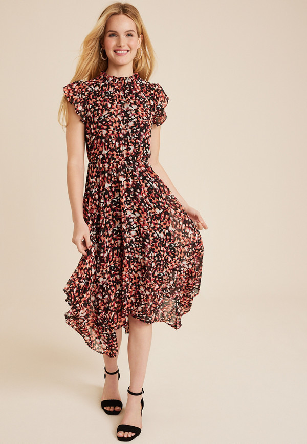 Printed Mock Neck Flutter Sleeve Midi Dress | Maurices