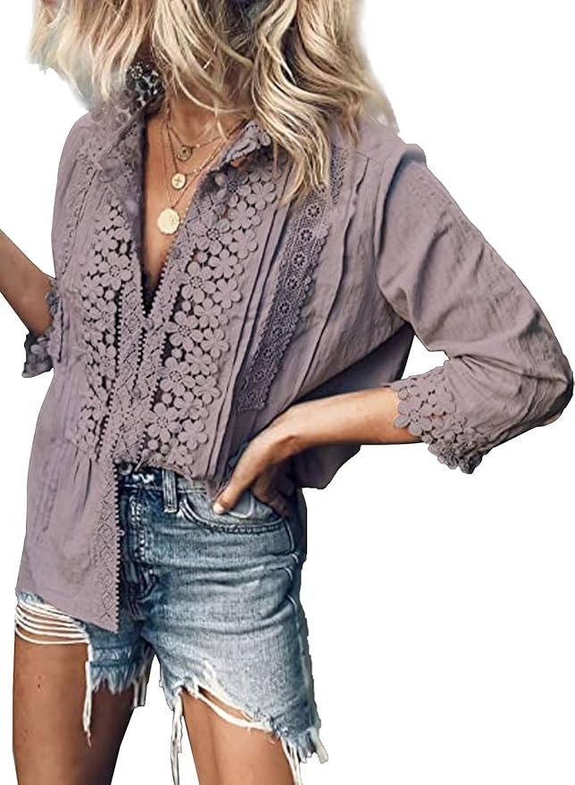 Cisisily Women's V Neck Lace Crochet Tops Casual T Shirts Blouses Tops | Amazon (US)