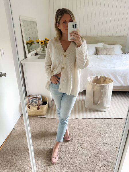 Cozy fall outfit idea: Jenni Kayne cashmere cardigan (sized down to XS, fit is very oversized), old worn in denim (mine are from Old Navy, linked similar), and a new affordable ballet flat from Target (size down a 1/2 size) 

#LTKshoecrush #LTKstyletip