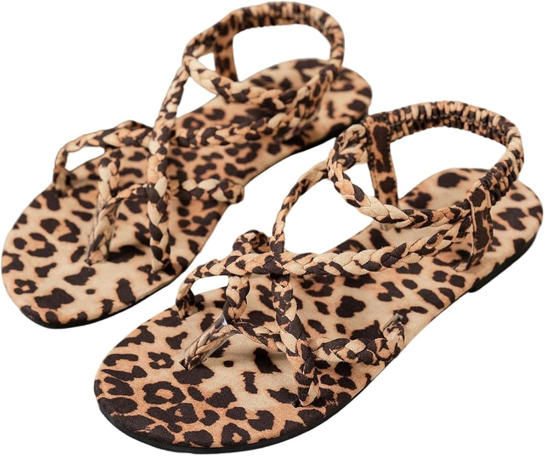 Verdusa Women's Leopard Print Braided Thong Sandals Criss Cross Strappy Slingback Sandals | Amazon (US)
