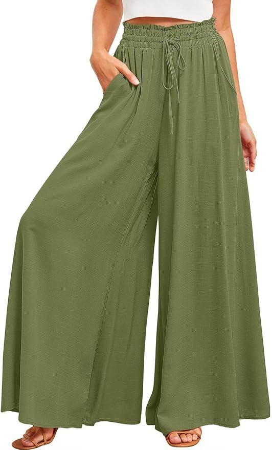 Womens Casual Wide Leg Pants Ruffle Elastic Drawstring Beach Palazzo Loose Pants Comfy Trousers w... | Amazon (US)