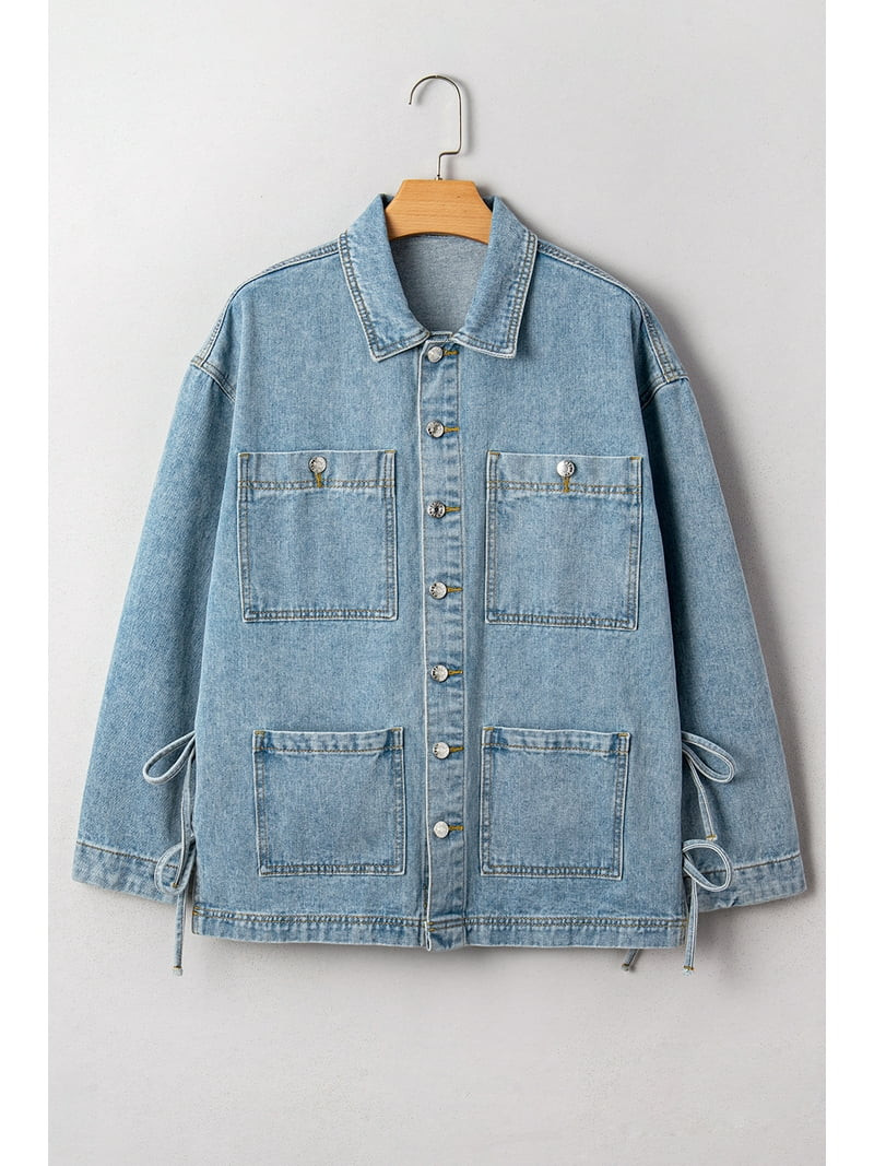 Casual Long Sleeve Denim Jacket for Women - Beau Blue with Knot Details - [ZhiHiMeRi] | M | Walmart (US)