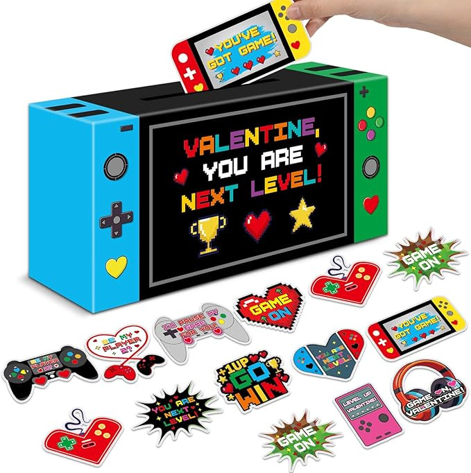 Valentines Mailbox Craft for Kids with 48pcs Video Game Valentines Greeting Cards Blue Green Hand... | Amazon (US)