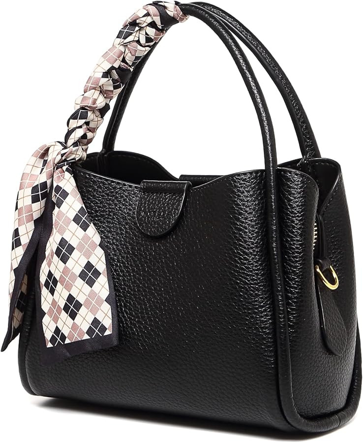 Women's bucket bag with silk scarf, black top handle shoulder bag, adjustable shoulder strap, ele... | Amazon (US)