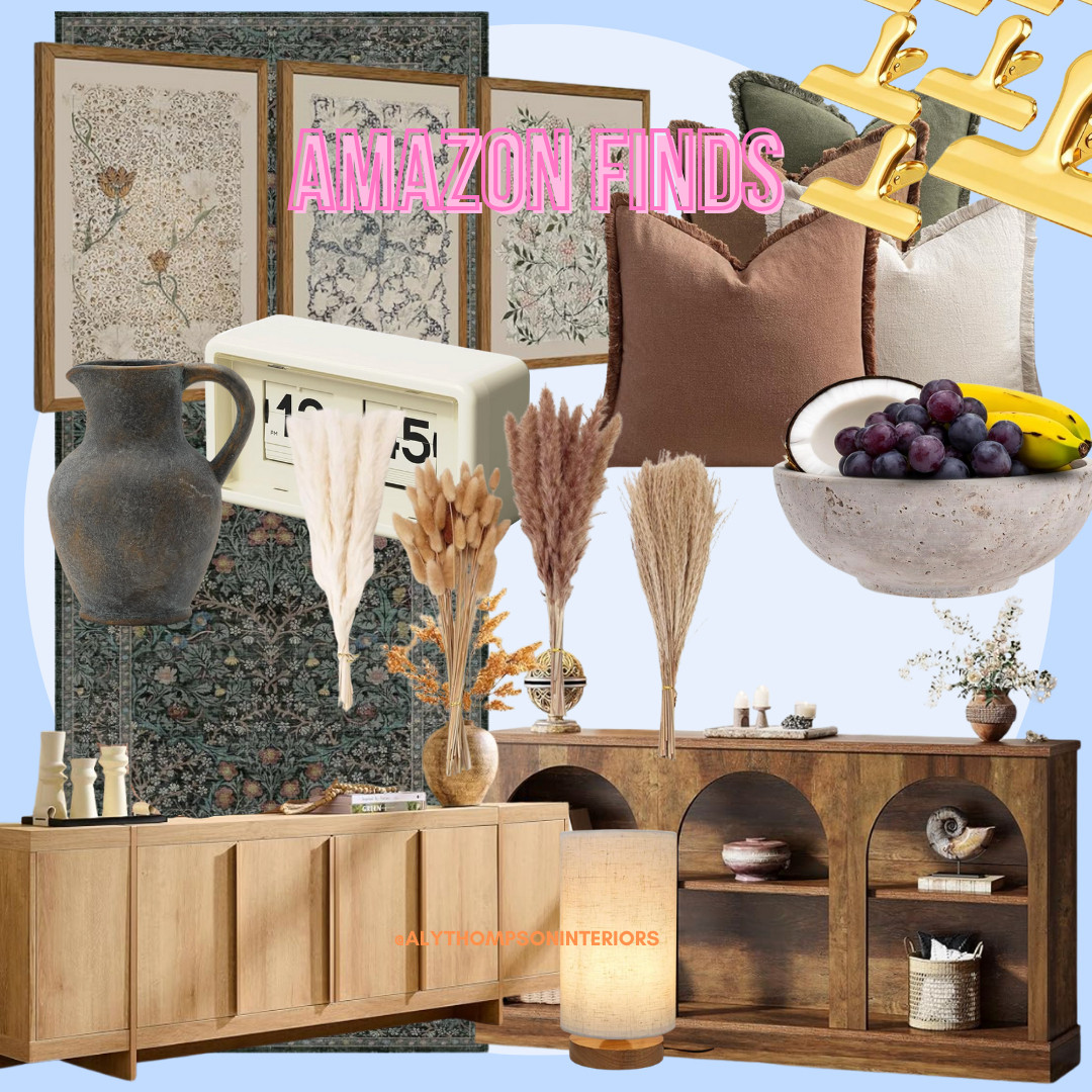 Amazon Finds | Gallery Wall | Framed Art Prints | Jug | Ceramic Vase | Dried Florals | Dark Green Runner | Console Table | TV Credenza | Chip Clips | Nightlight | Alarm Clock 

 #LTKSeasonal #LTKHome #LTKSaleAlert