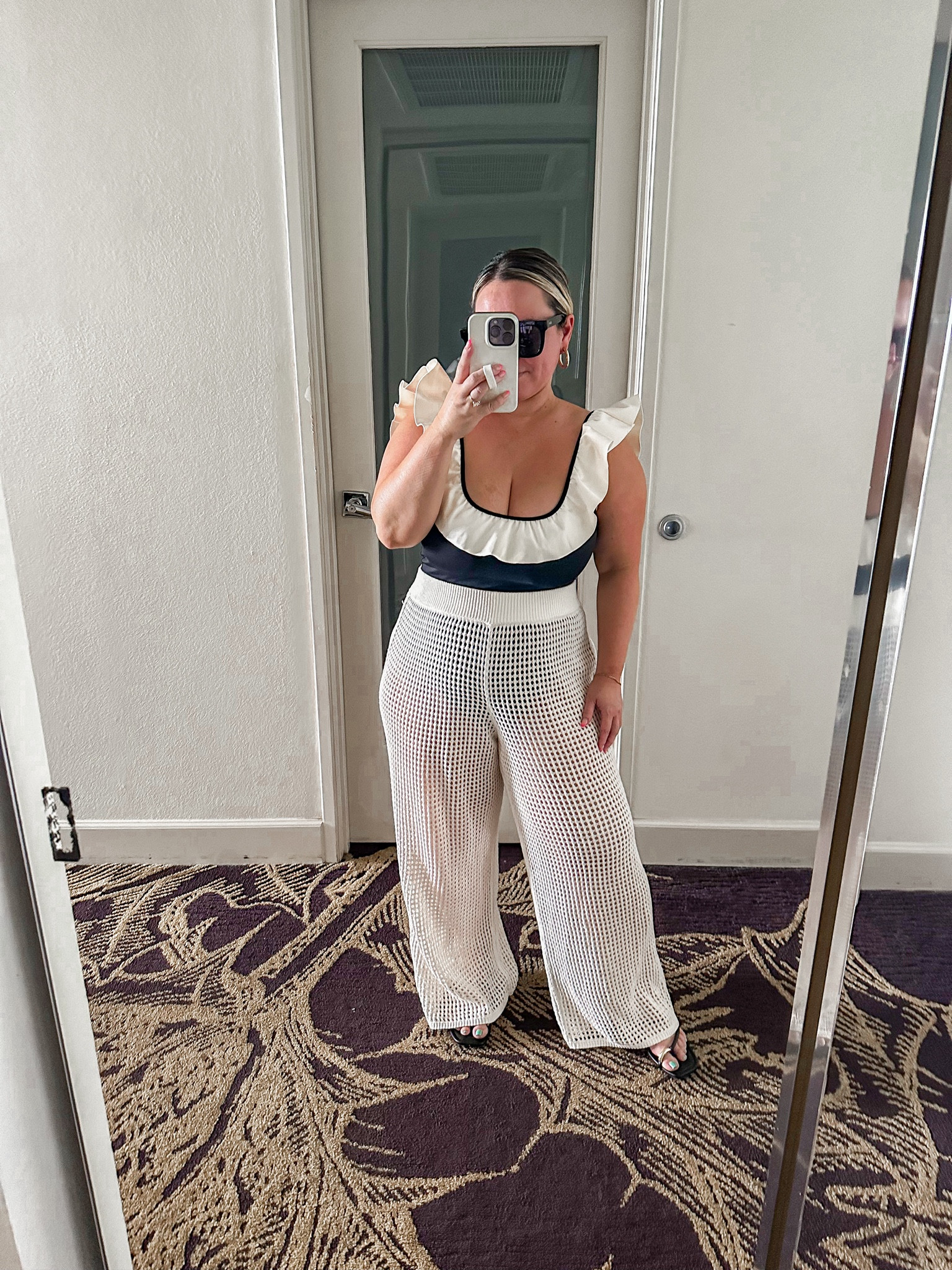 Palm Springs swimsuit pool outfit 
Size XL in the one piece swimsuit. Such good quality and fit I love it!!! It gives me Chanel vibes! Love the ruffle and the black and white! 
Coverup pants size large short 

Resort wear, vacation outfit, travel outfit, swimsuit, beach style, pool style 

#LTKSwim #LTKMidsize #LTKTravel