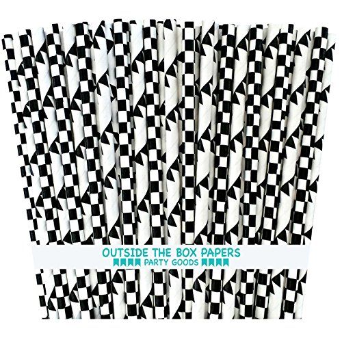 Outside the Box Papers Checked and Banner Paper Drinking Straws 7.75 inches 100 Pack Black, White | Amazon (US)