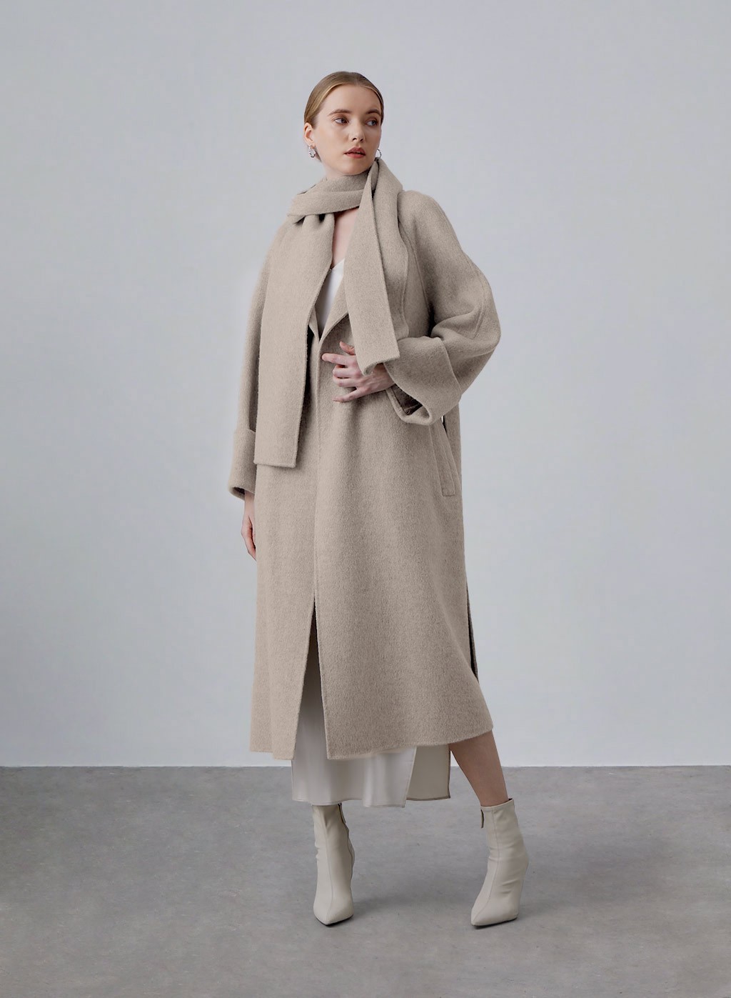 V Neck Scarf Wool Coat | Silk Maison